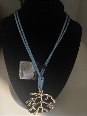 Blue Cord Necklace with Gold Coral Pendant